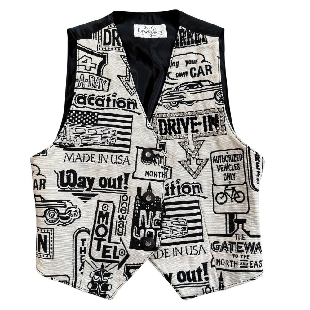 Opal by Lorraine‎ Wardy Vintage Americana Tapestry Vest Black White Road Trip S